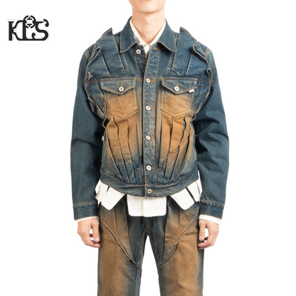 Juntae Kim AW24 Gathered Denim Jacket-Blue Brown