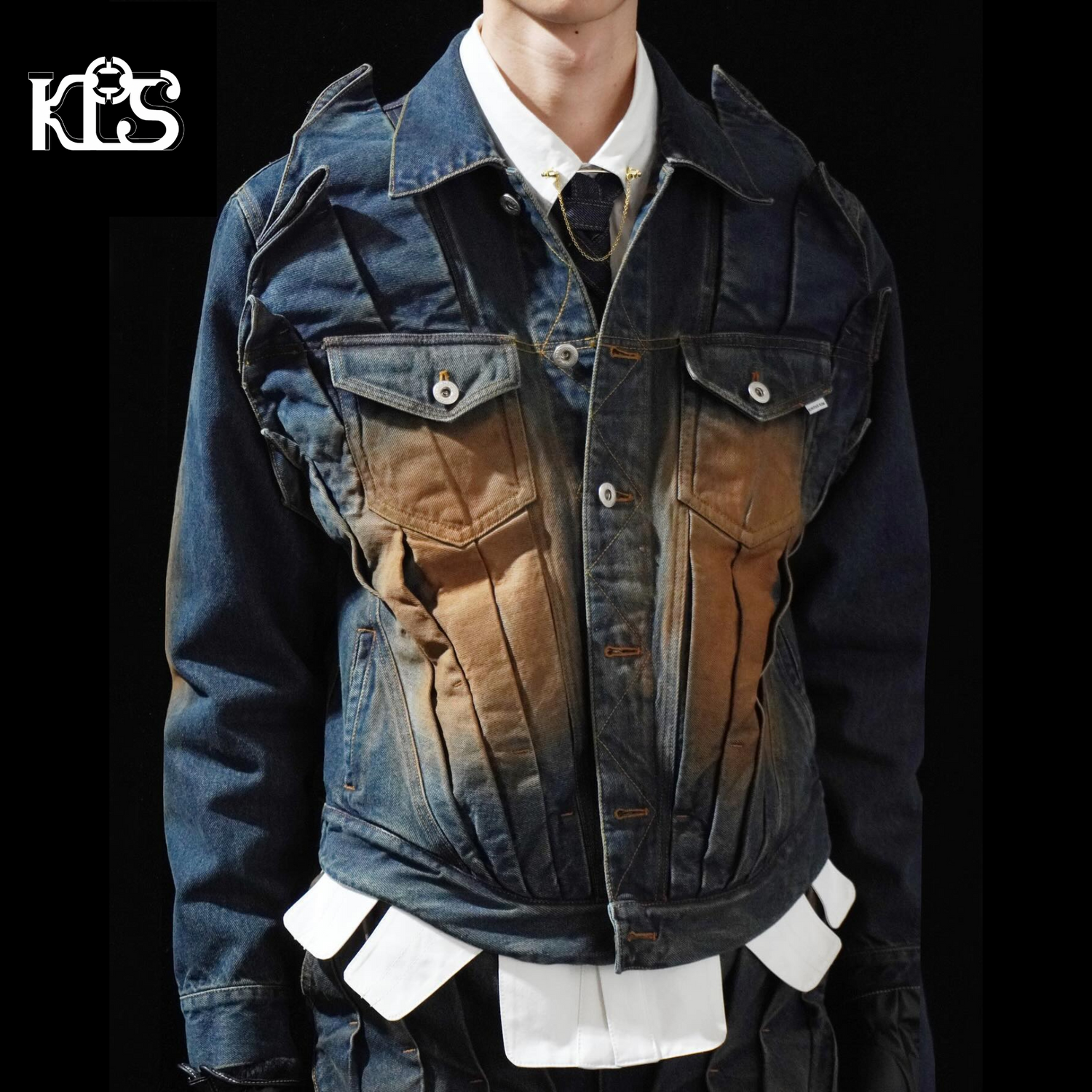 Juntae Kim AW24 Gathered Denim Jacket-Blue Brown