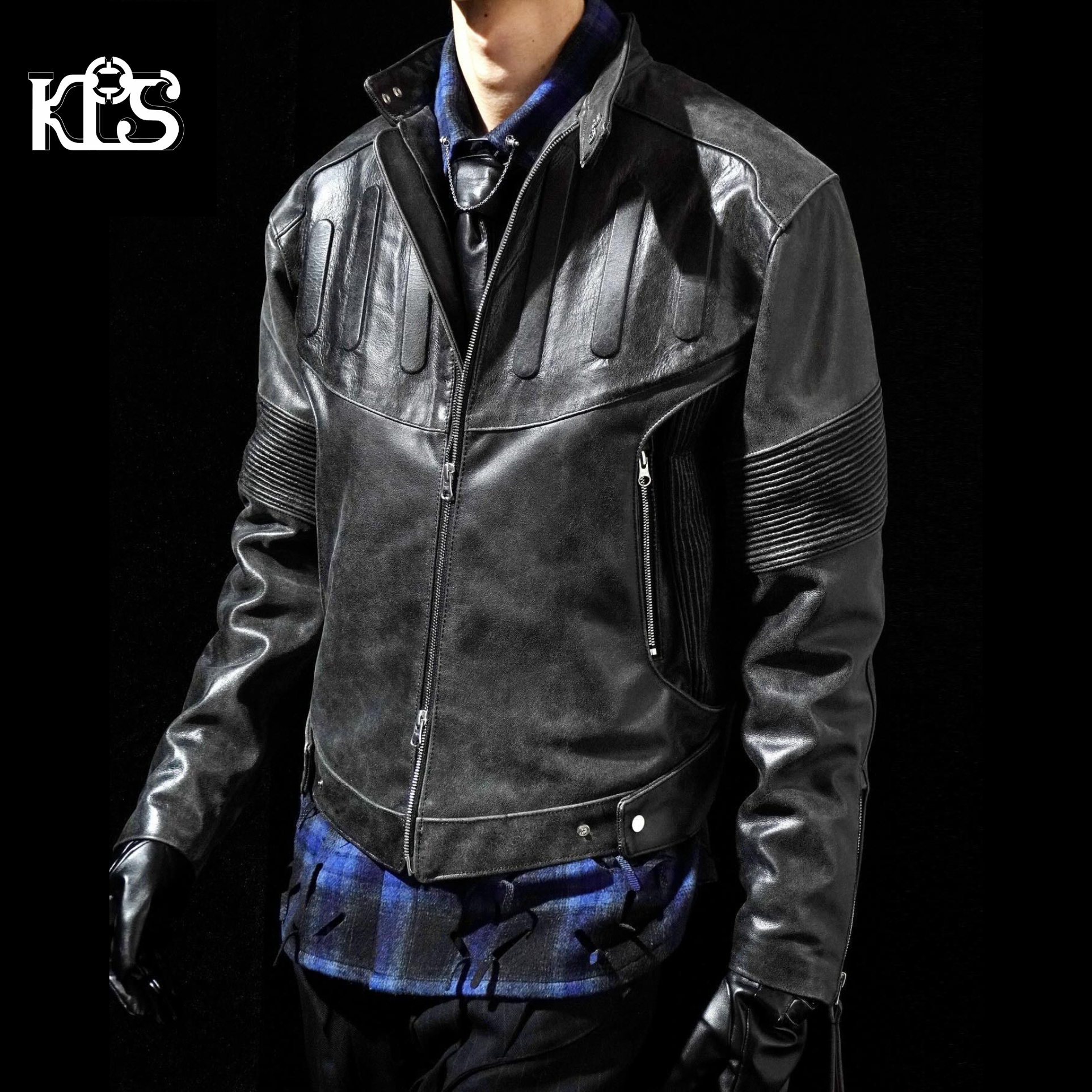 Juntae Kim AW24 EMBOSSED LEATHER BIKER JACKET - BLACK