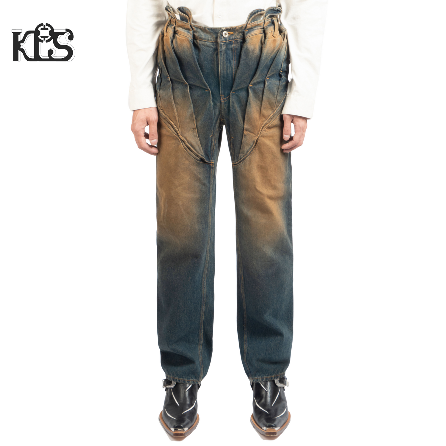 Juntae Kim AW24 GATHERED CORSET JEANS Blue-Brown