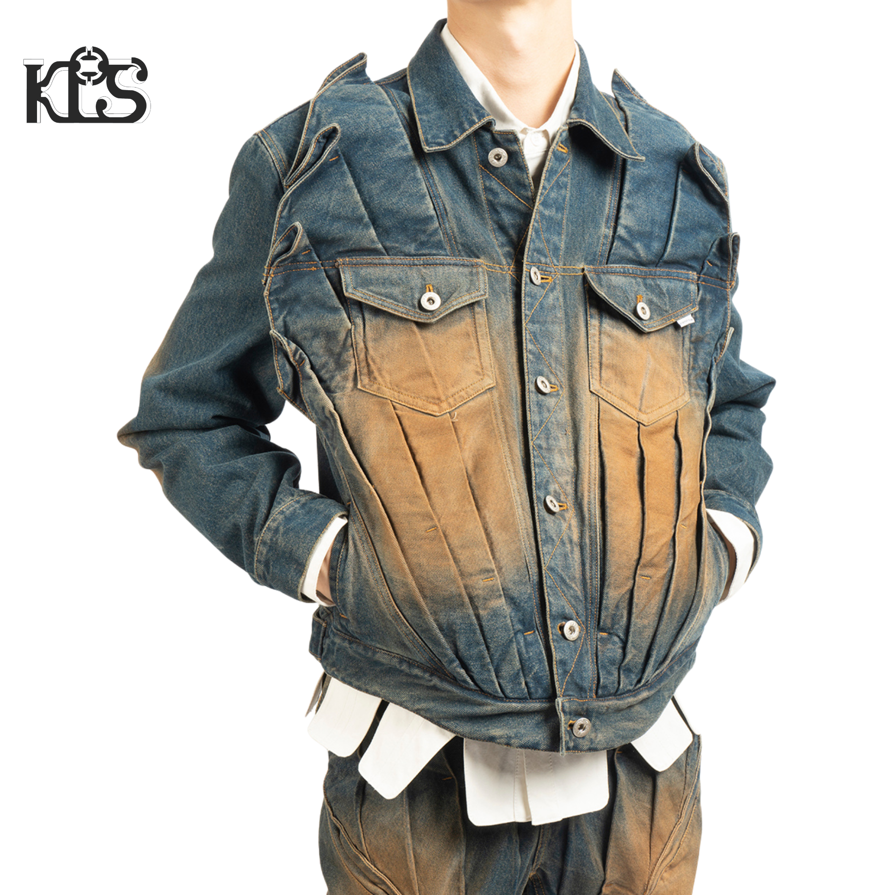 Juntae Kim AW24 Gathered Denim Jacket-Blue Brown