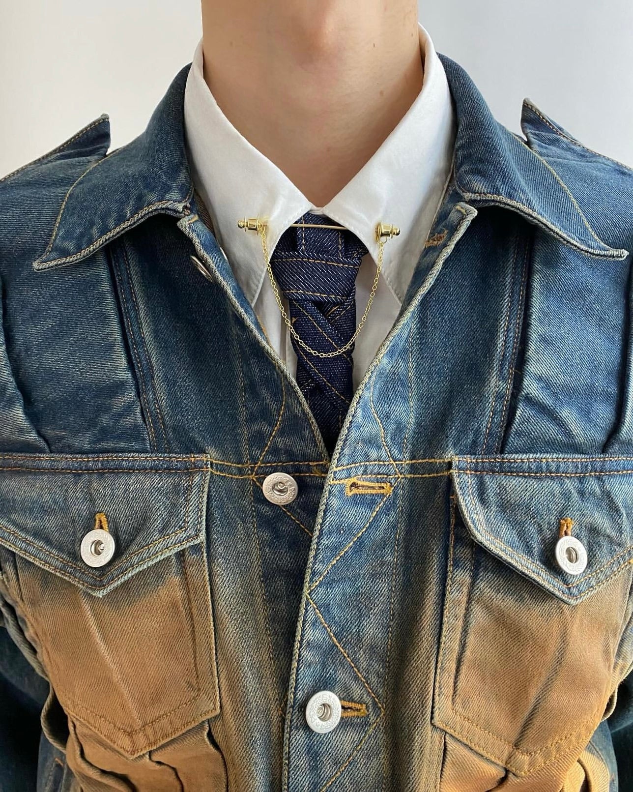 Juntae Kim AW24 Gathered Denim Jacket-Blue Brown