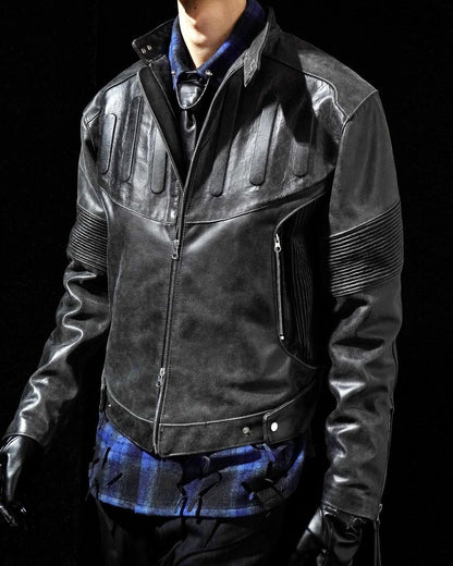 Juntae Kim AW24 EMBOSSED LEATHER BIKER JACKET - BLACK