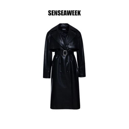 Senseaweek Belt Leather Windbreaker Coat