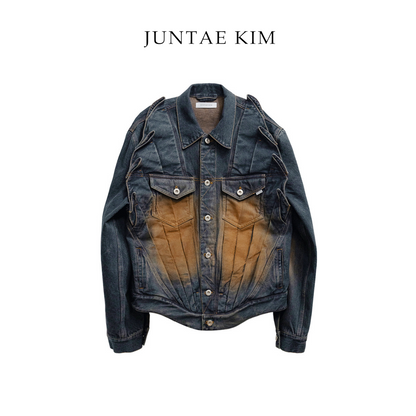 Juntae Kim AW24 Gathered Denim Jacket-Blue Brown