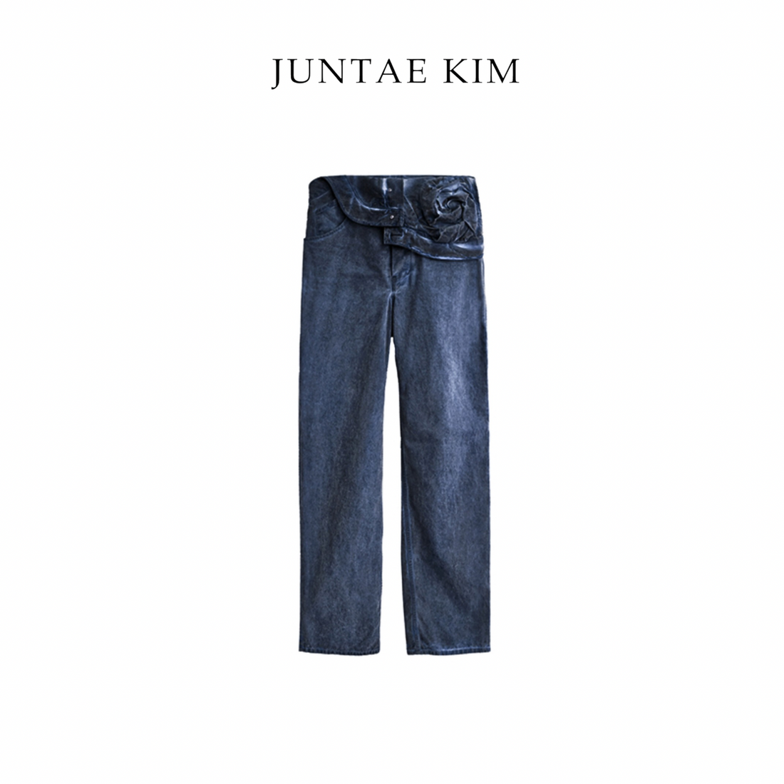 Juntae Kim AW24 ASYMMETRIC FLOWER TROUSERS - Navy Wash Blue