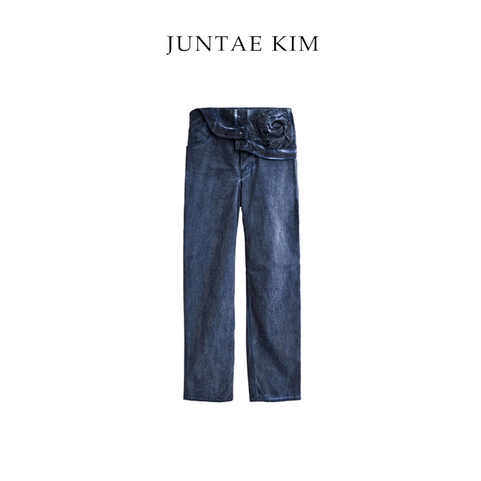 Juntae Kim AW24 ASYMMETRIC FLOWER TROUSERS - Navy Wash Blue