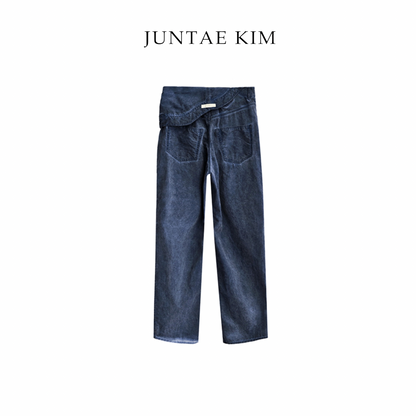 Juntae Kim AW24 ASYMMETRIC FLOWER TROUSERS - Navy Wash Blue